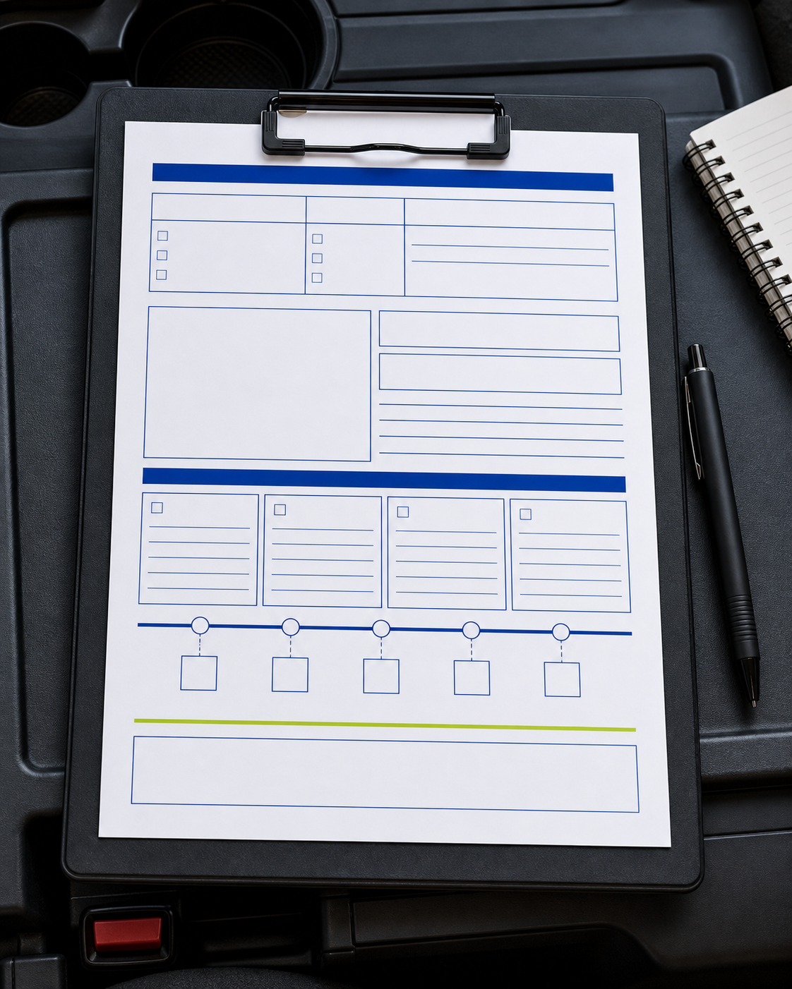 Blank callback ownership worksheet on a clipboard in a work truck.