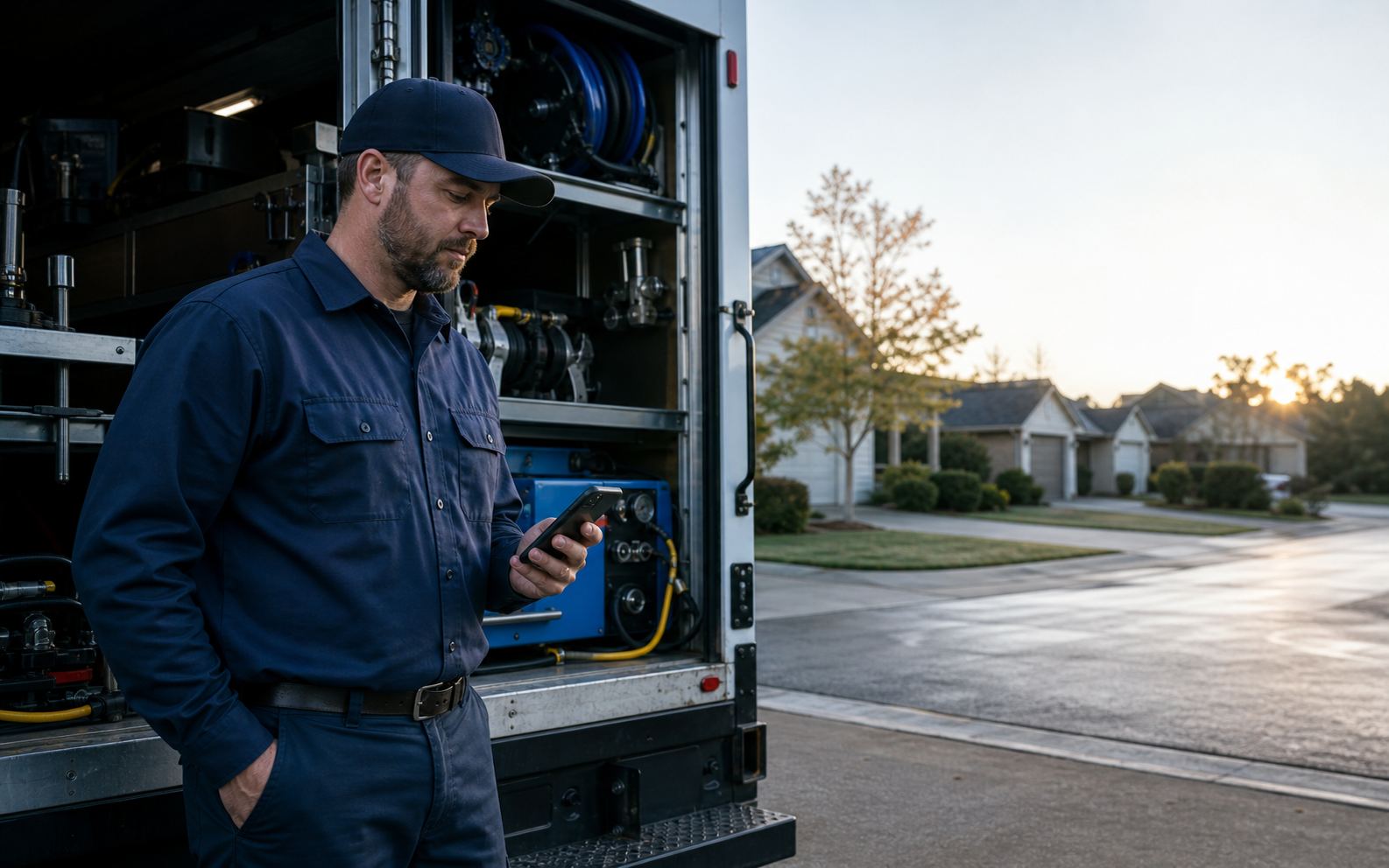 Field-service owner checking a customer call beside an open work truck.